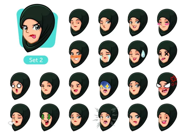 Segundo Conjunto Mulher Muçulmana Vestindo Preto Hijab Personagem Desenho Animado — Vetor de Stock