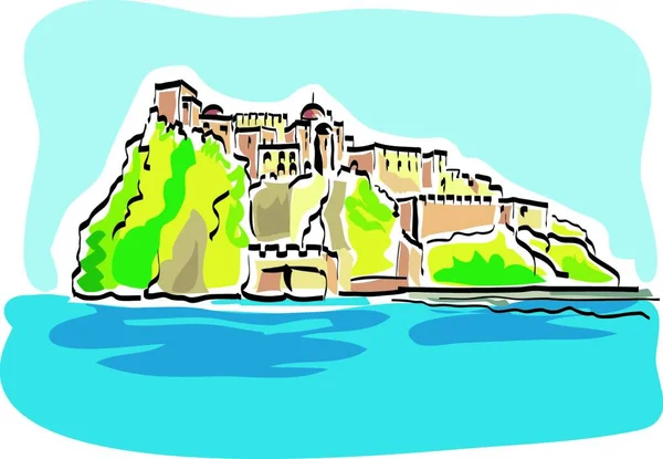 意大利伊斯奇亚岛阿拉贡城堡的病媒图解 — 图库矢量图片