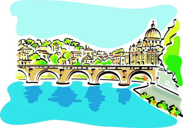 Vector Illustratie Van Rome Panorama Met Tiber Rivier Voorgrond Peter — Stockvector