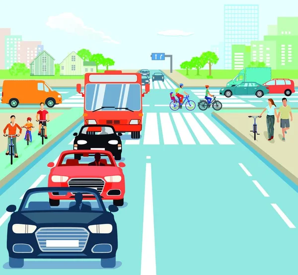 Raccordo Stradale Con Ciclisti Auto — Vettoriale Stock