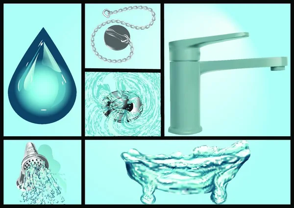 Bath Water Set Drop Tub Water Blue — Stock Vector