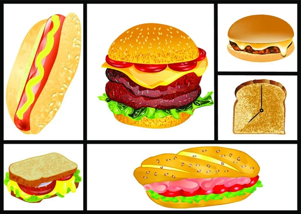 Set Sándwiches Hamburguesas Aislados Sobre Fondo Blanco — Vector de stock