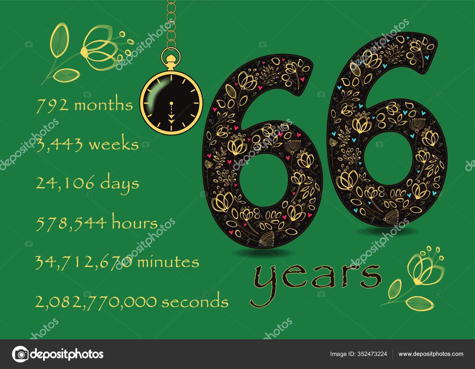 Artistic Number Sixty Six Yellow Floral Decor Hearts Years Break Stock