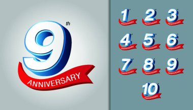 Set of anniversary logotype. Modern anniversary celebration emblem with red ribbon. Design for booklet, leaflet, magazine, brochure poster, web, invitation or greeting card. Vector illustration. clipart