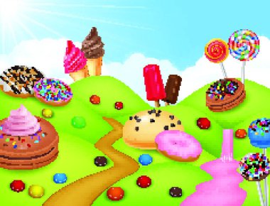 Sweet candyland with cupcake, ice cream, donut, and lollipop  clipart