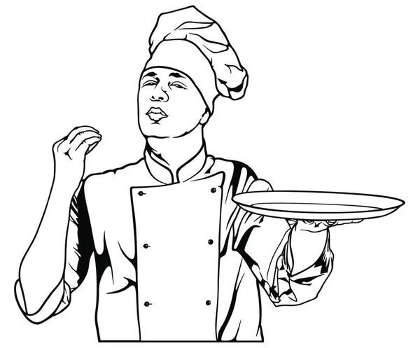 Chef Gesture Delicioso Segurando Uma Placa Black White Sketch Illustration —  Vetores de Stock