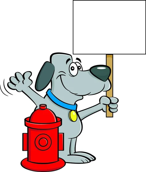 Мультяшна Ілюстрація Собаки Тримає Знак Поруч Пожежним Гідрантом — стоковий вектор