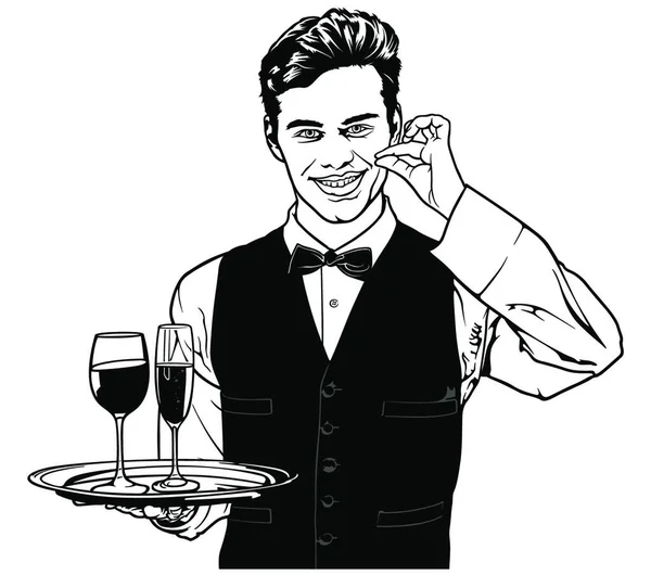 Camarero Llevando Bebidas Mostrando Deliciosas Dibujo Blanco Negro Ilustración Vector — Archivo Imágenes Vectoriales