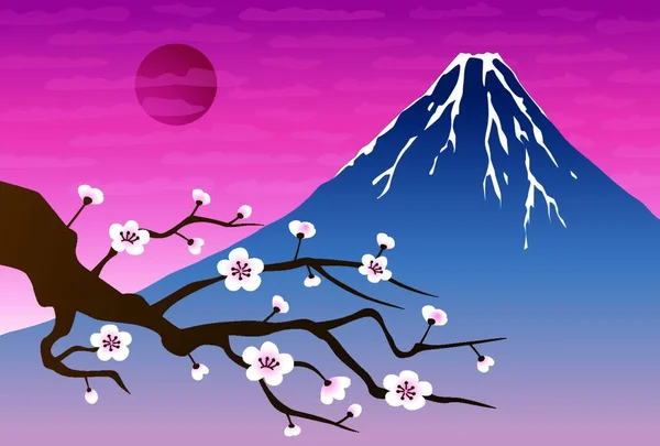 Gün Batımında Fuji Beyaz Erik Ağacı Ile Resimde Manzara — Stok Vektör