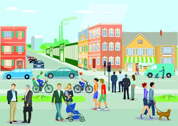 Stadt Mit Straßenverkehr Radfahrern Und Fußgängern Illustration — Stockvektor