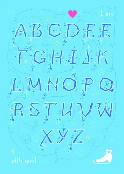带有加密浪漫信息的艺术字母表我迷恋你 带有几何装饰的蓝色字母 白溜冰 红色的心脏 优美的降雪 矢量插图 — 图库矢量图片