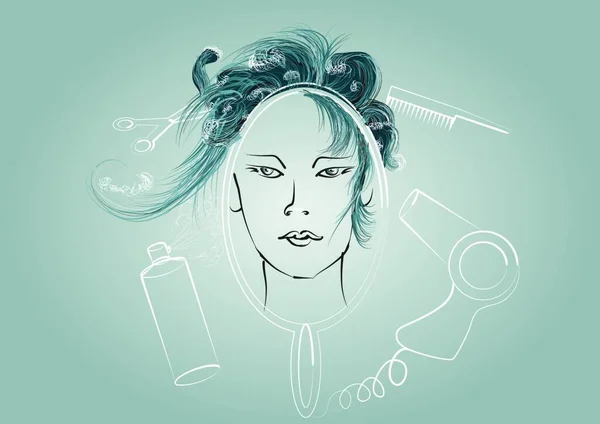 Friseursalon Frau Gesicht Und Frisur Werkzeuge — Stockvektor