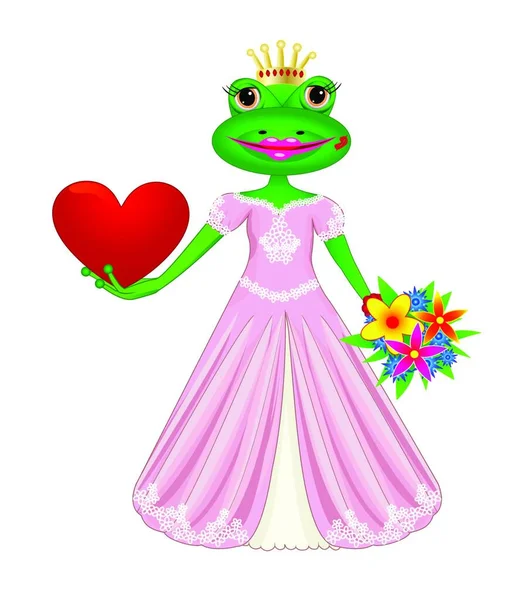 Çizgi Film Prenses Kurbağa Kalp Ellerinde Çiçeklerle — Stok Vektör