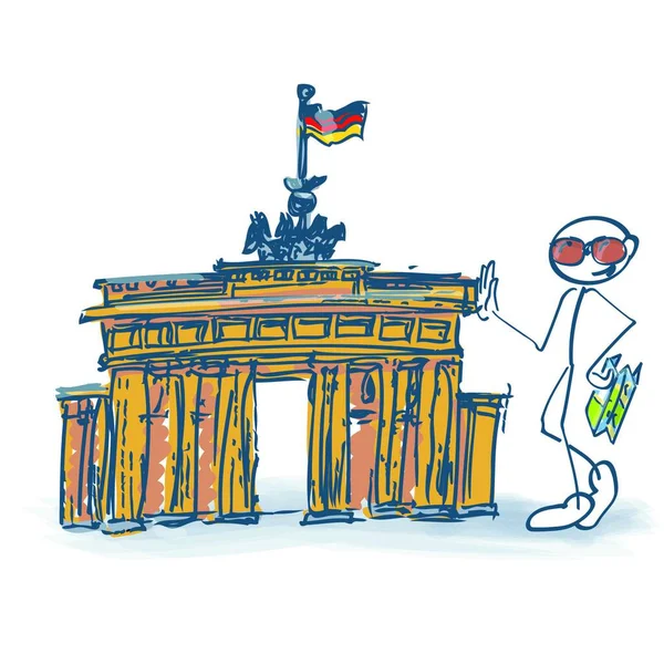Kij Postać Jako Turysta Bramą Brandenburgii Berlinie — Wektor stockowy