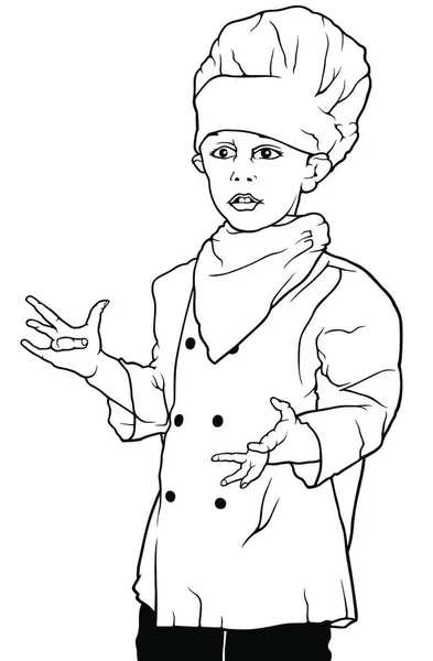 Little Chef Presenting Gesturing Hands Black White Illustration Vector — Stock Vector