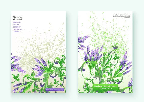 ラベンダーの花のパターンカバーデザイン 手描きバロックの花 エレガントな流行の背景の花の緑の枝 グラフィックイラスト結婚式 招待状 ポスター カード カバー カタログベクトル — ストックベクタ