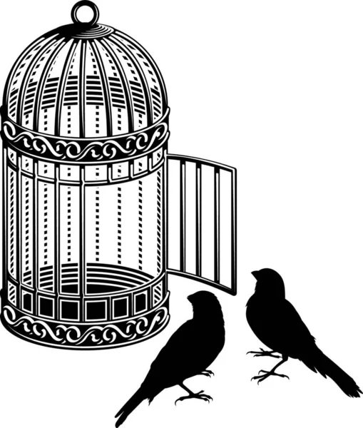 Metalowa Klatka Dla Ptaków Otwartymi Drzwiami Dwiema Sylwetkami Ptaków — Wektor stockowy