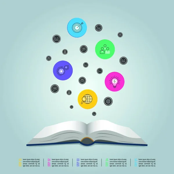 Modelo Infográficos Educação Opção Passo Livro Aberto Com Ícones Marketing —  Vetores de Stock