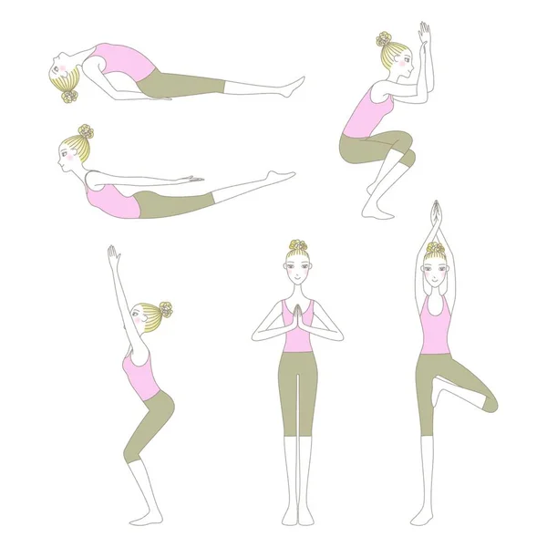 Conjunto Posturas Yoga Como Locust Pose Fish Pose Mountain Pose — Archivo Imágenes Vectoriales