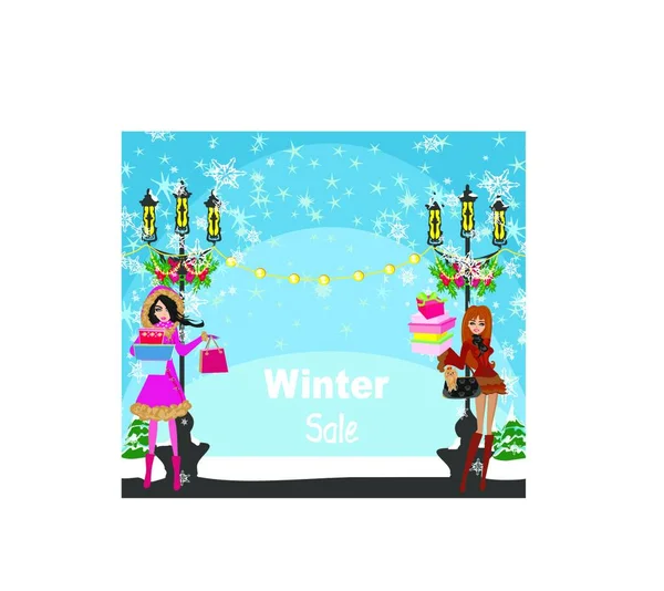 Hermosas Chicas Las Compras Invierno Tarjeta — Vector de stock