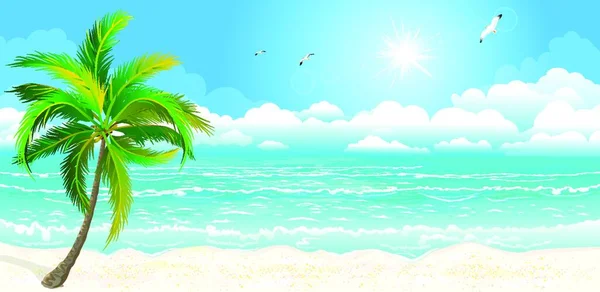 热带海岸的景观 海滨的风景 长着棕榈树 海滨有棕榈树 天空和阳光 棕榈树映衬着天空 大海和太阳 — 图库矢量图片