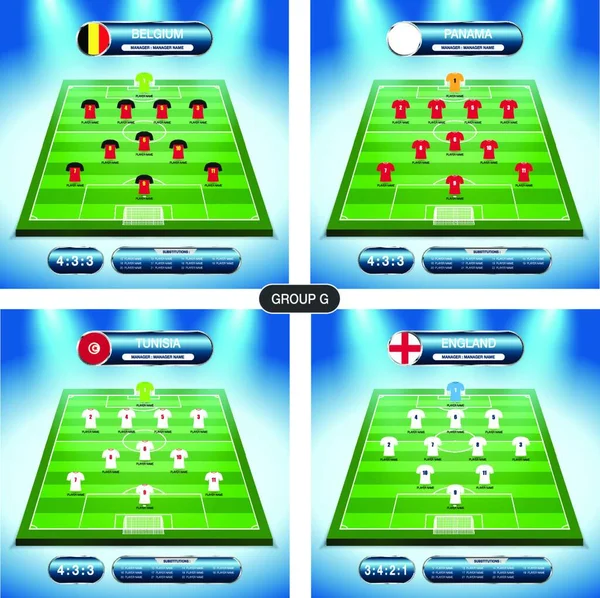 Σχέδιο Ποδοσφαιριστή Ομάδα Σημαίες Βελγιο Παναμα Τυνησια Αγγλανδια Εικονογράφηση Διανύσματος — Διανυσματικό Αρχείο