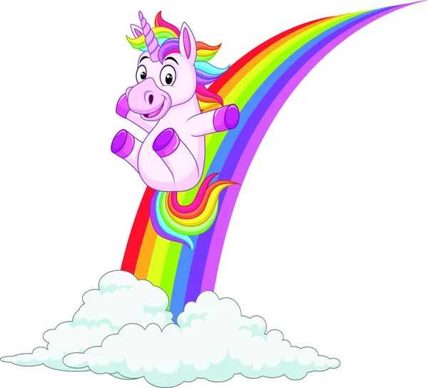 Cartoon Unicorn Sliding Rainbow — Stock Vector