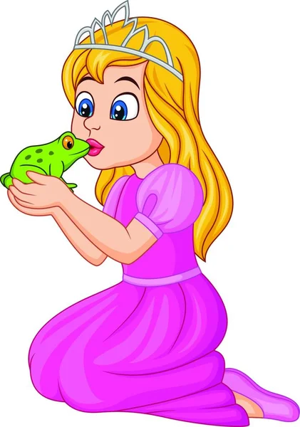 Princesse Bande Dessinée Embrassant Une Grenouille Verte — Image vectorielle