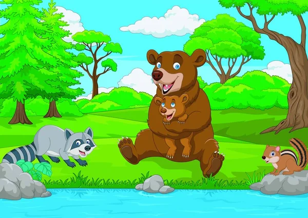 Kreskówkowa Rodzina Niedźwiedzi Brunatnych Lesie — Wektor stockowy