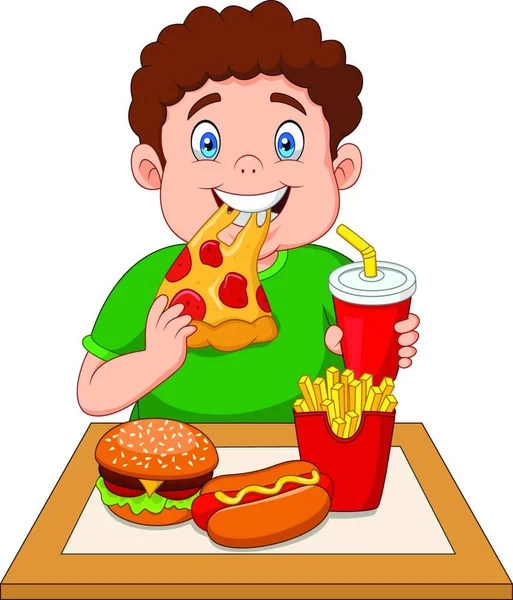 Dicker Junge Isst Junk Food — Stockvektor