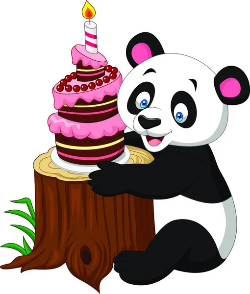 Dibujos Animados Divertido Panda Con Pastel Cumpleaños — Vector de stock