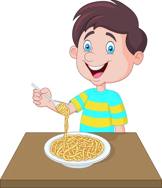 Menino Comendo Espaguete — Vetor de Stock