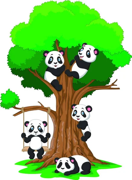 Cartoon Baby Panda Spielt Auf Einem Baum — Stockvektor