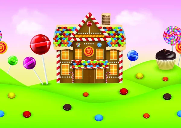 Fantasía Candyland Con Casa Jengibre — Vector de stock