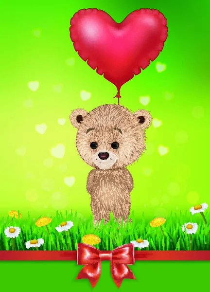Милый Медведь Держит Красные Шарики Зеленой Траве — стоковый вектор