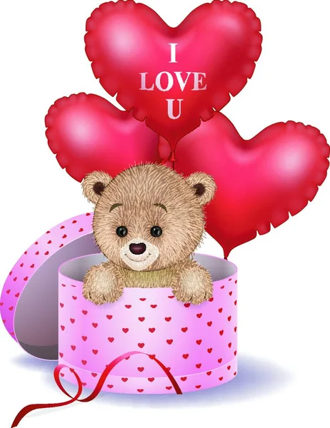 Cartoon Bear Gift Box Red Heart Shape Balloon — Stock Vector