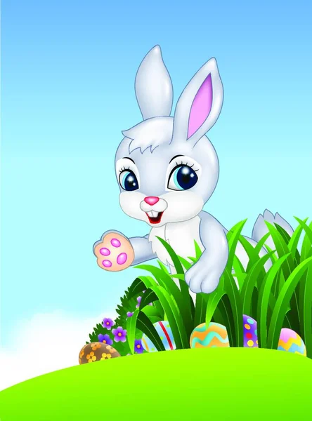 Милый Пасхальный Кролик Ищет Разноцветные Пасхальные Яйца — стоковый вектор