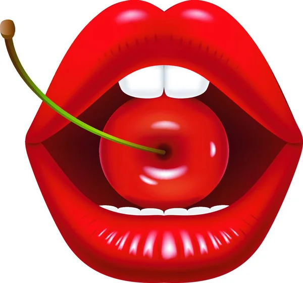 Kırmızı Kirazlı Kadın Ağzı Tasviri — Stok Vektör