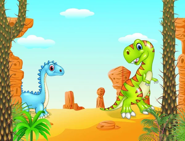Dessin Animé Drôle Collection Dinosaures Avec Fond Préhistorique — Image vectorielle