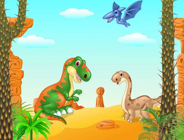 Dibujos Animados Colección Dinosaurios Feliz Con Fondo Prehistórico — Archivo Imágenes Vectoriales