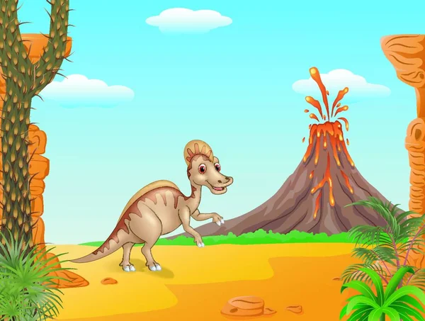 Cartoon Duck Billed Hadrosaur Character Prehistoric Background — 스톡 벡터