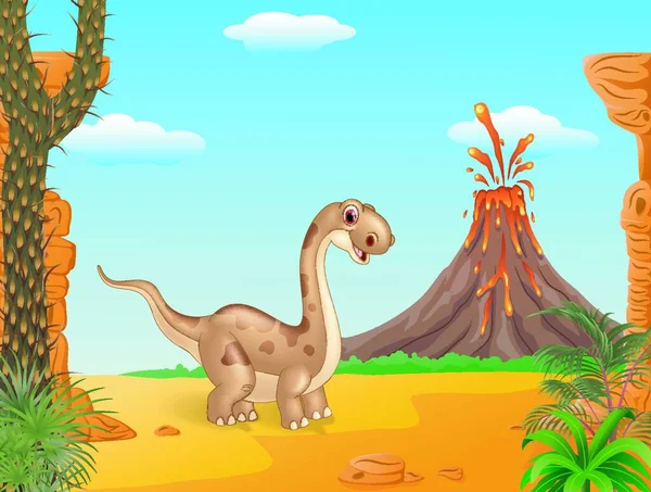 Adorável Dinossauro Bonito Com Fundo Pré Histórico — Vetor de Stock