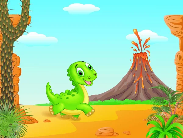 Bébé Dinosaure Mignon Courir Dans Fond Préhistorique — Image vectorielle