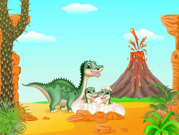 Cartoon Sorriso Mãe Tiranossauro Dinossauro Bebê Dinossauros Eclodindo Com Fundo — Vetor de Stock