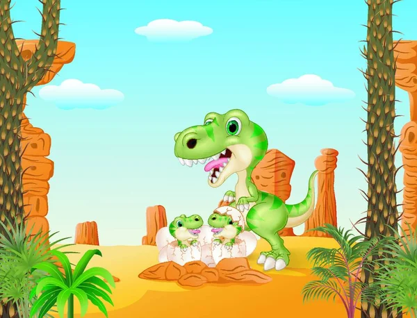 Tecknad Mamma Tyrannosaurus Dinosaurie Och Baby Dinosaurier Kläckning — Stock vektor