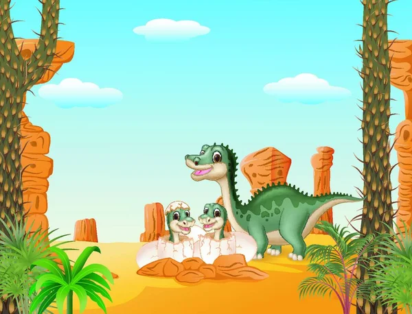 Madre Feliz Dinosaurio Con Bebé Incubando — Archivo Imágenes Vectoriales