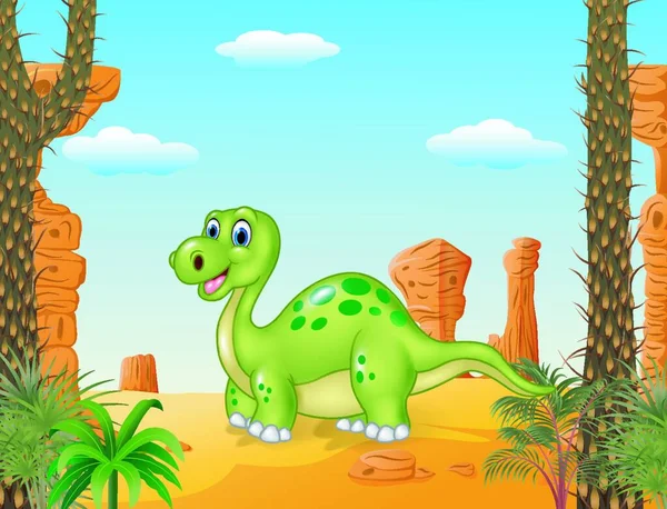 Dessin Animé Dinosaure Heureux Avec Fond Préhistorique — Image vectorielle
