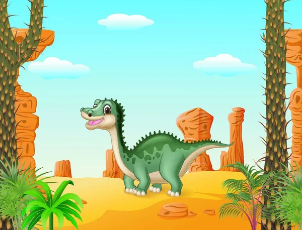 Cartoon Cute Dinosaurio Con Antecedentes Prehistóricos — Archivo Imágenes Vectoriales
