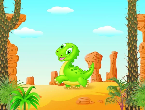 Bébé Dinosaure Mignon Courant Dans Désert — Image vectorielle