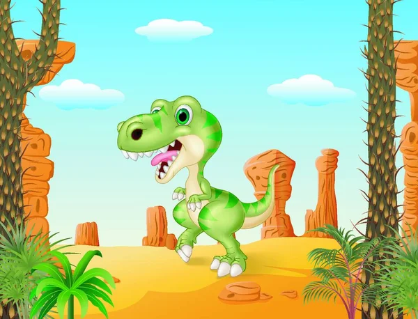 Cartoon Divertido Dinosaurio Con Fondo Del Desierto — Archivo Imágenes Vectoriales